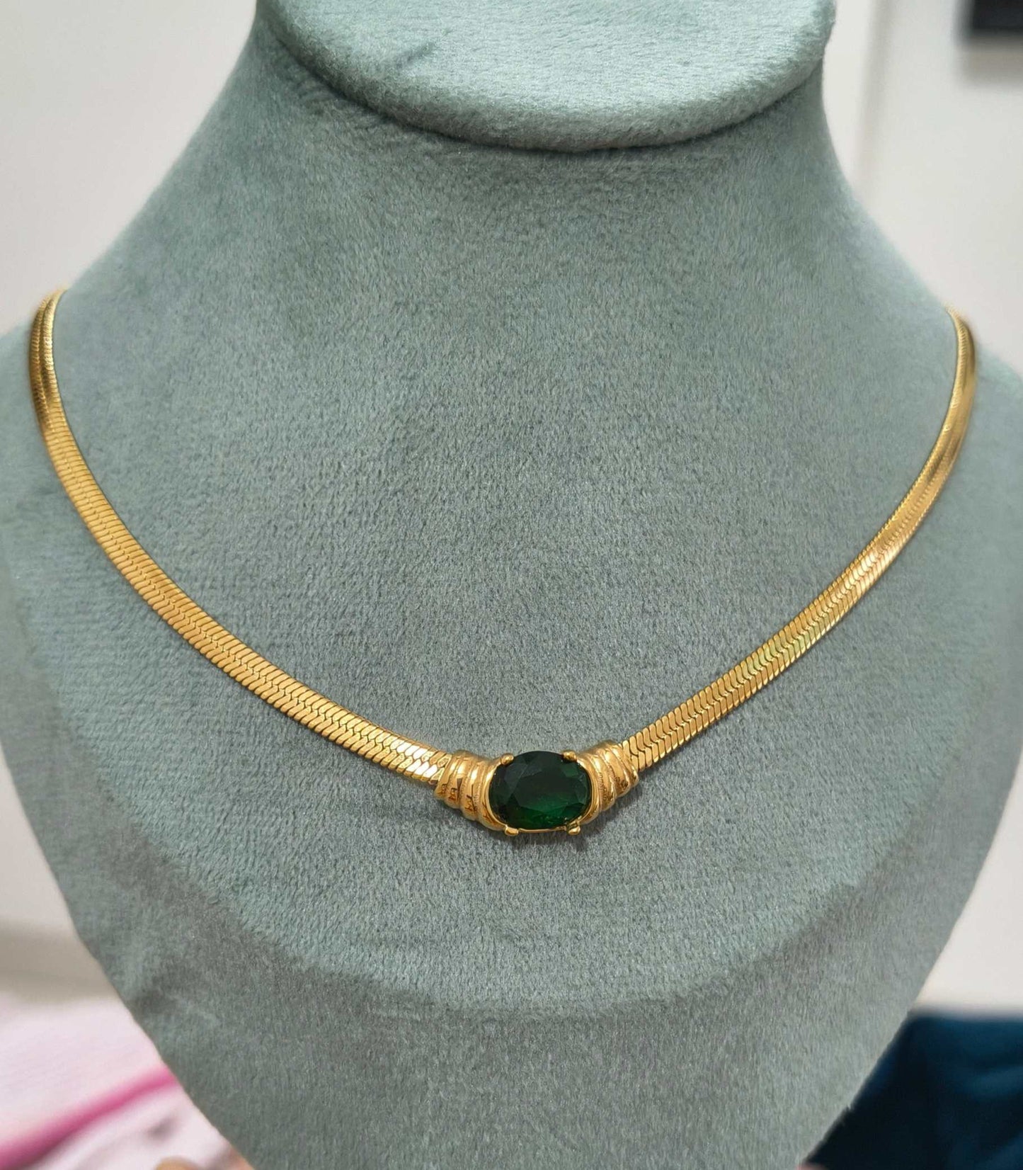 Anti Tarnish Emerald Pendant Heavy Snake Chain Necklace