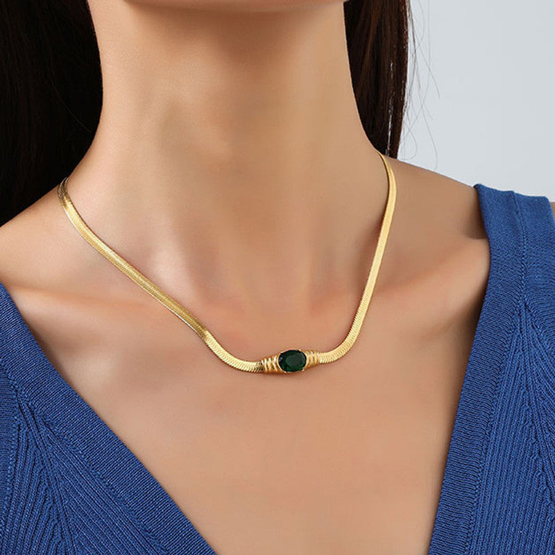 Anti Tarnish Emerald Pendant Heavy Snake Chain Necklace