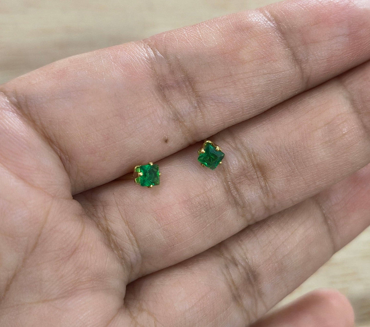 Anti Tarnish Emerald Solitaire Stud Earrings 18K Gold Plated