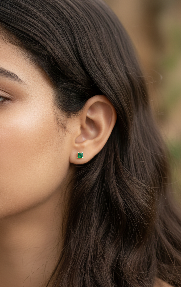 Anti Tarnish Emerald Solitaire Stud Earrings 18K Gold Plated