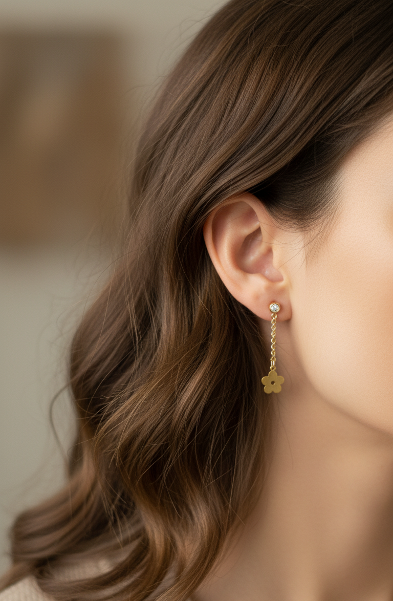 Anti Tarnish Floral Long Chain Earrings 18K Gold Plated