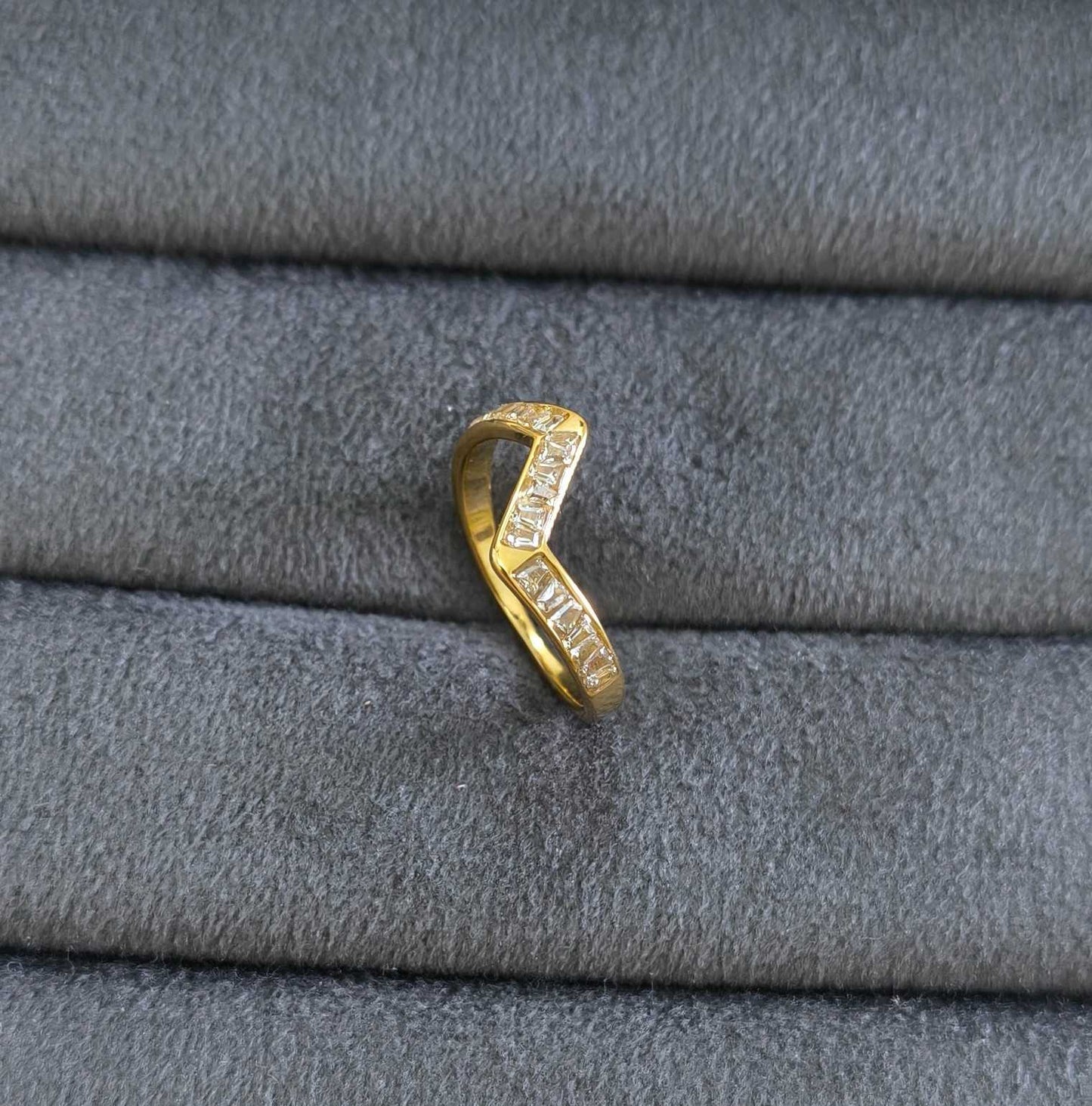 Anti Tarnish Geometric Crystal V shape Ring 18K Gold Plated