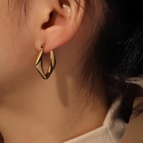 Anti Tarnish Golden Geometric Shaped Hoop Earrings for Women