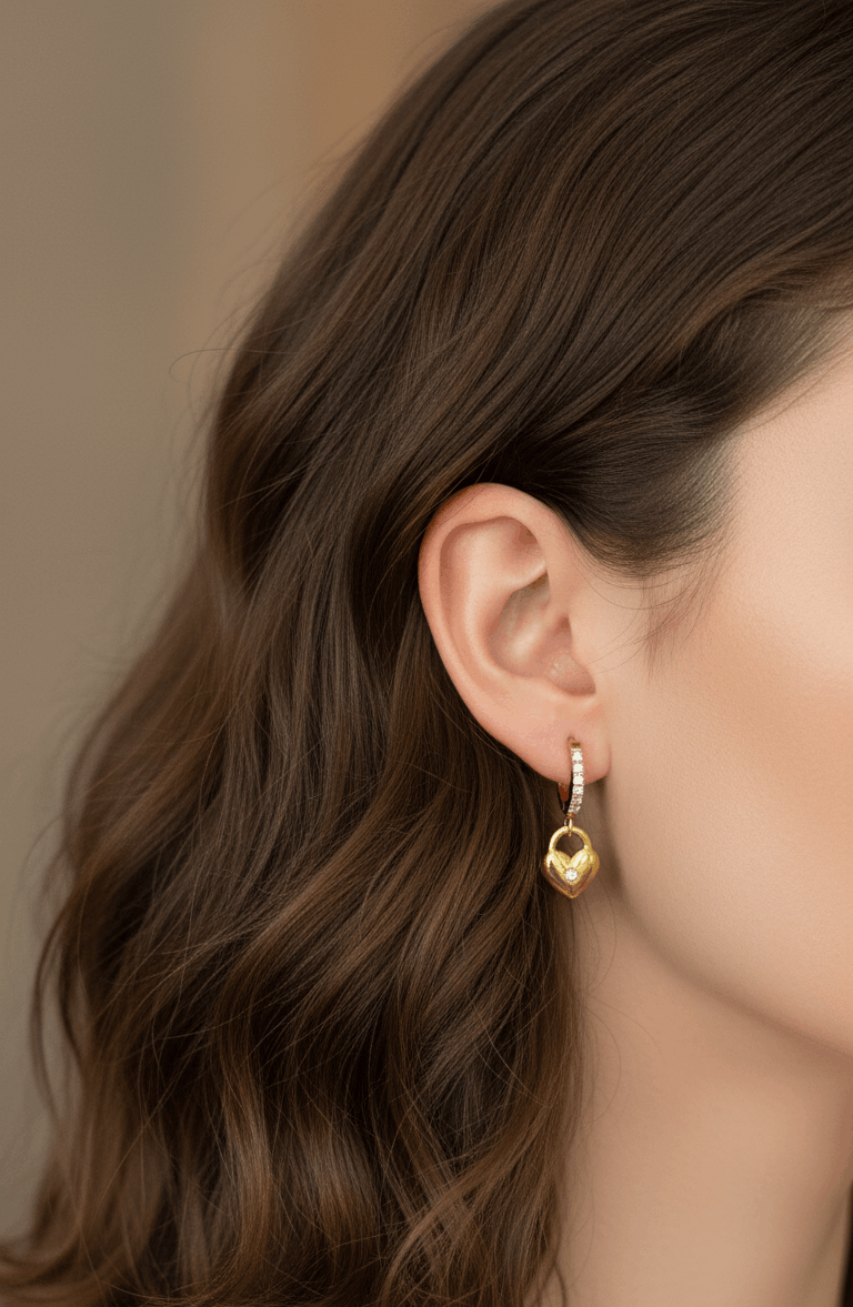 Anti Tarnish Heart Lock Dangler Earrings 18K Gold Plated