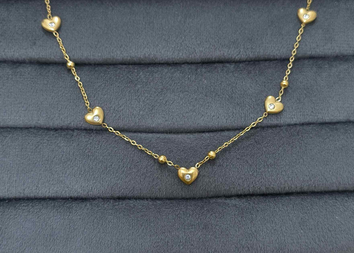 Anti Tarnish Hearts with Diamonds Necklace 18K Gold Plated