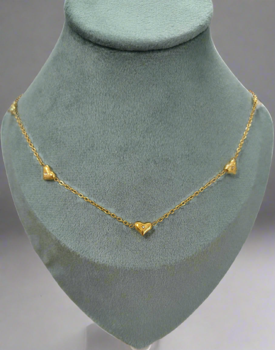 Anti Tarnish Hearts with Diamonds Necklace 18K Gold Plated