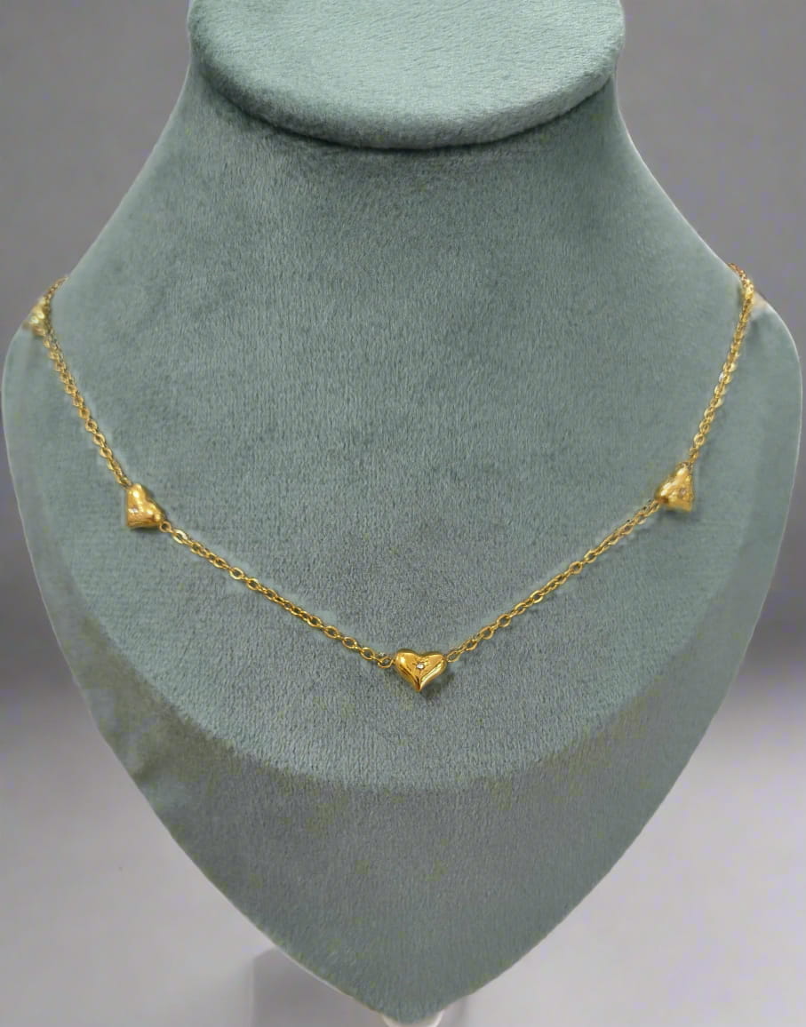 Anti Tarnish Hearts with Diamonds Necklace 18K Gold Plated