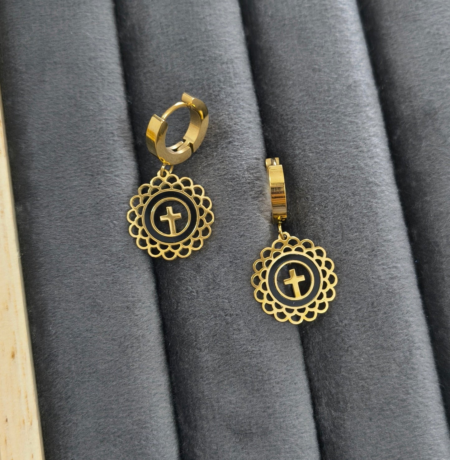 Anti Tarnish Lace Cross Design Dangle Earrings 18K Gold Plated