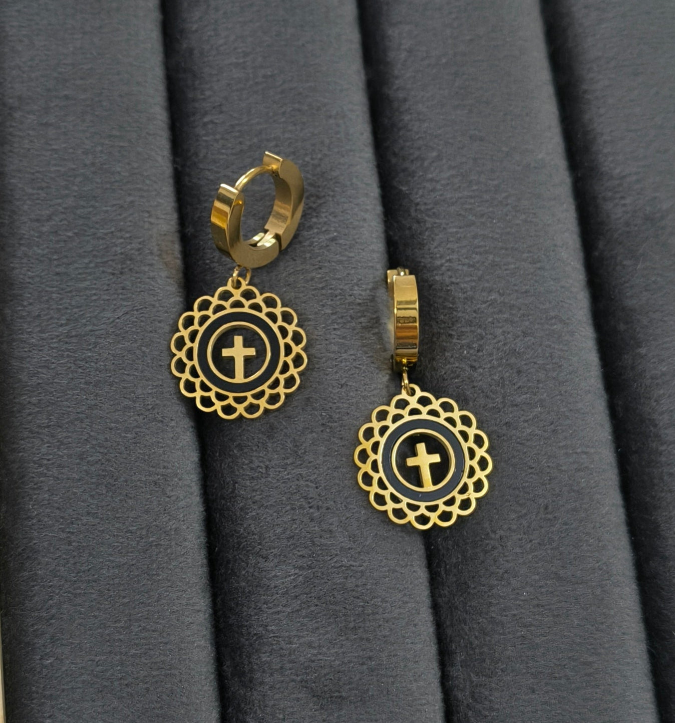 Anti Tarnish Lace Cross Design Dangle Earrings 18K Gold Plated