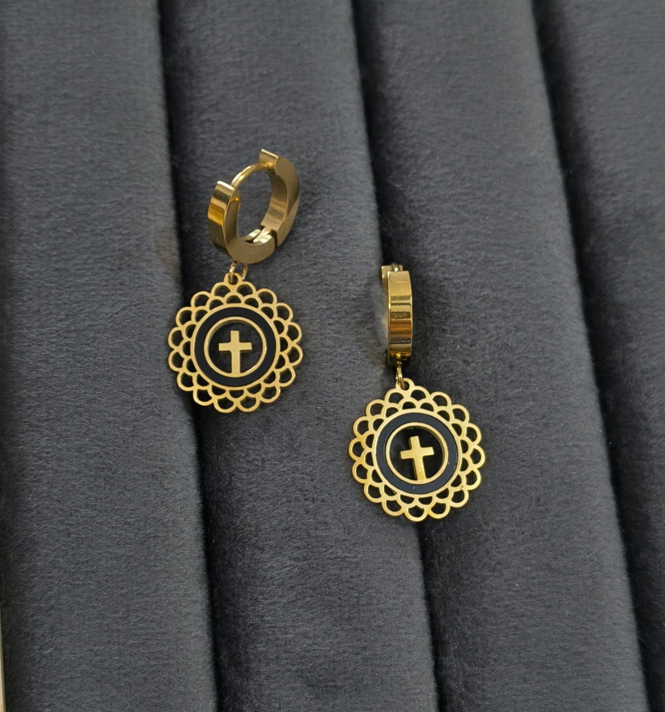 Anti Tarnish Lace Cross Design Dangle Earrings 18K Gold Plated