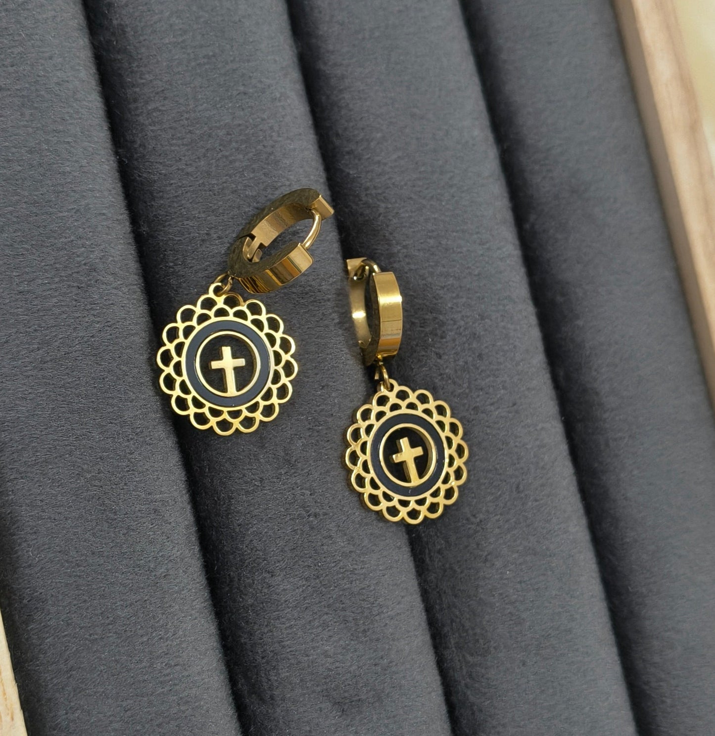 Anti Tarnish Lace Cross Design Dangle Earrings 18K Gold Plated