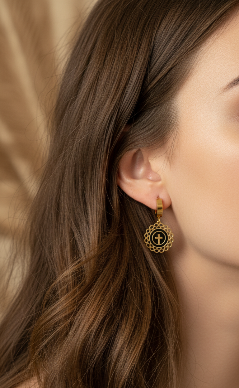 Anti Tarnish Lace Cross Design Dangle Earrings 18K Gold Plated