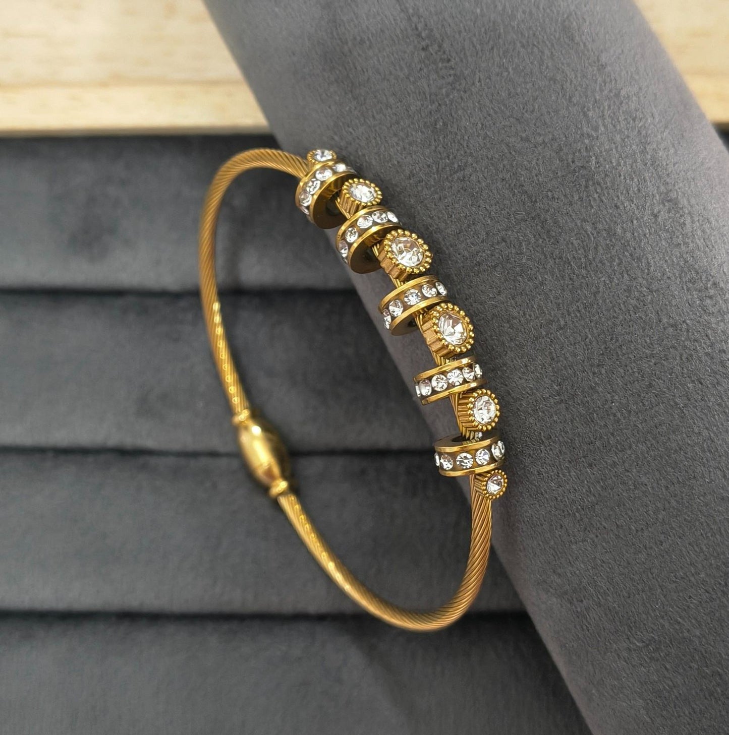 Anti Tarnish Magnetic Lock Crystal Bangle 18K Gold Plated