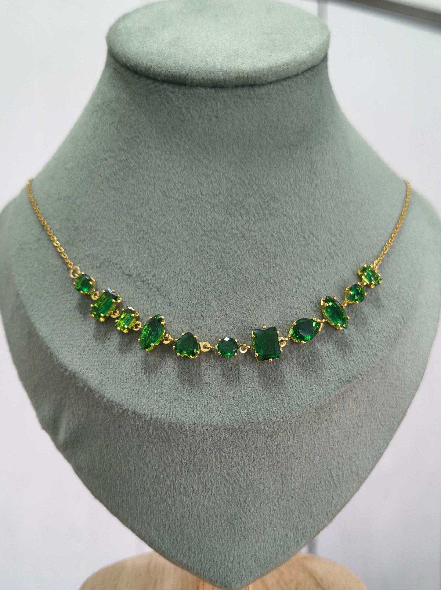 Anti Tarnish Necklace Emerald Diamond Chain 18K Gold Plated