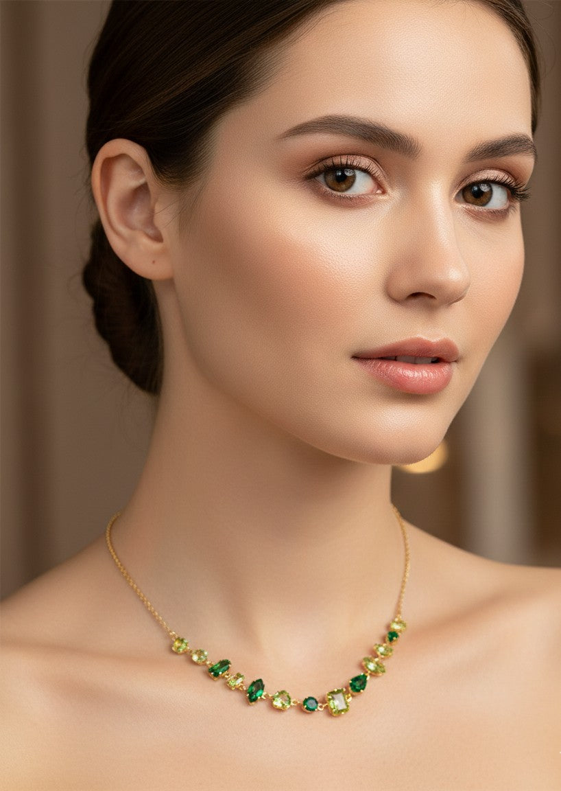 Anti Tarnish Necklace Emerald Stones Chain 18K Gold Plated