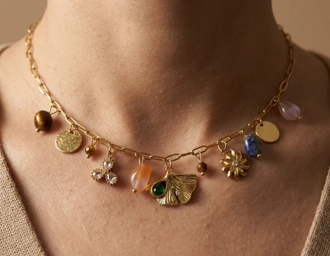 Anti Tarnish Necklace Multicolor Charms 18K Gold Plated