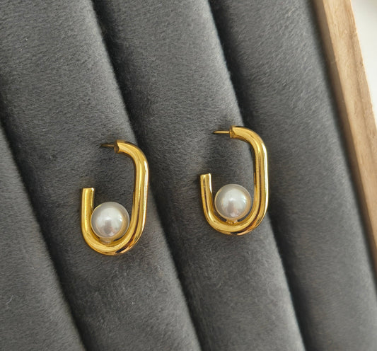 Anti Tarnish Pearl Hoop Earrings 18K Gold Plated