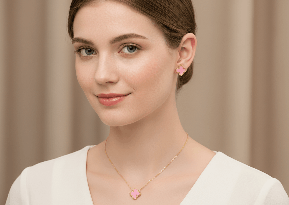 Anti Tarnish Pink Clover Style Necklace Ring Bracelet Earring Combo