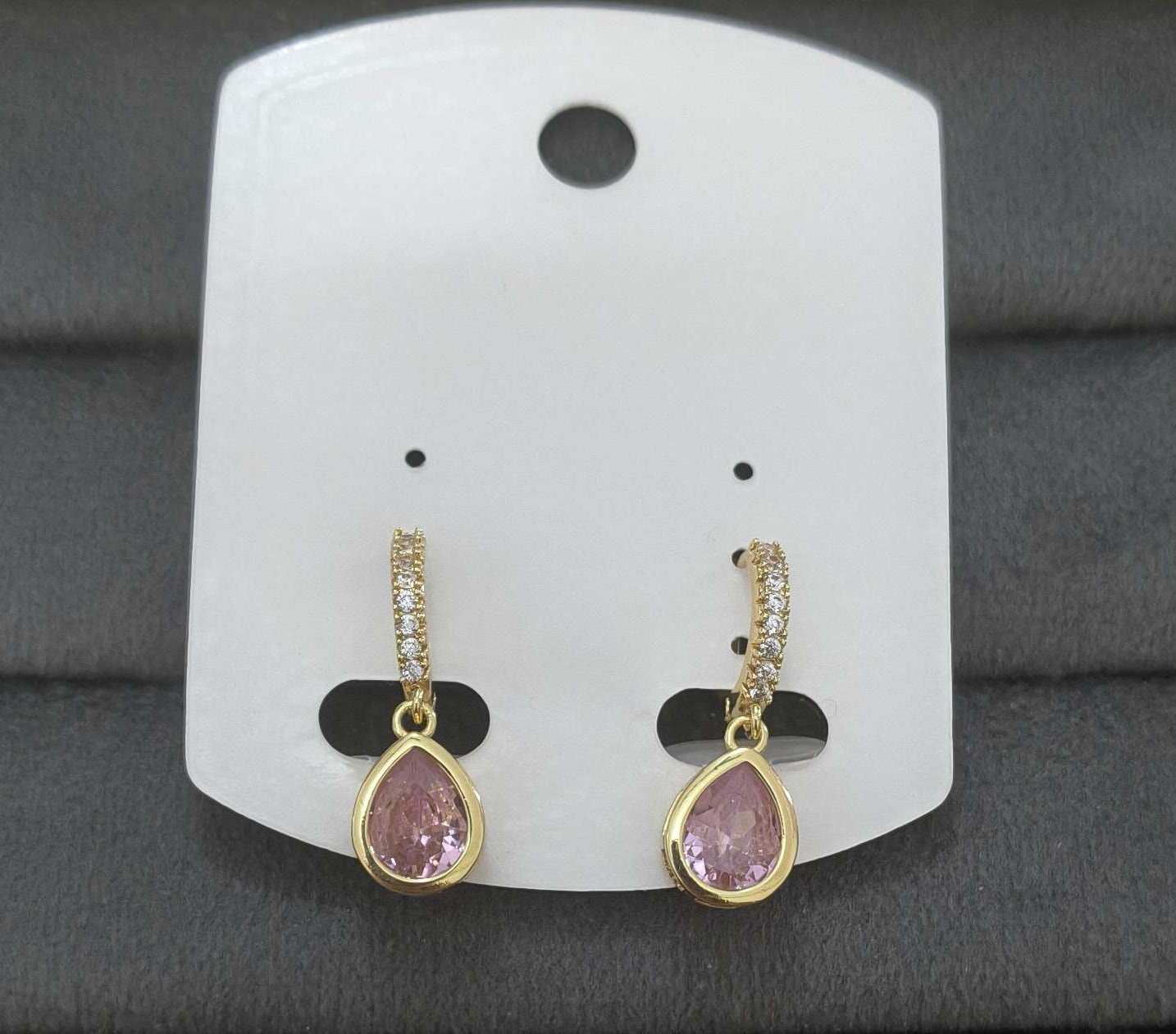Anti Tarnish Pink Teardrop Dangle Earrings 18K Gold Plated