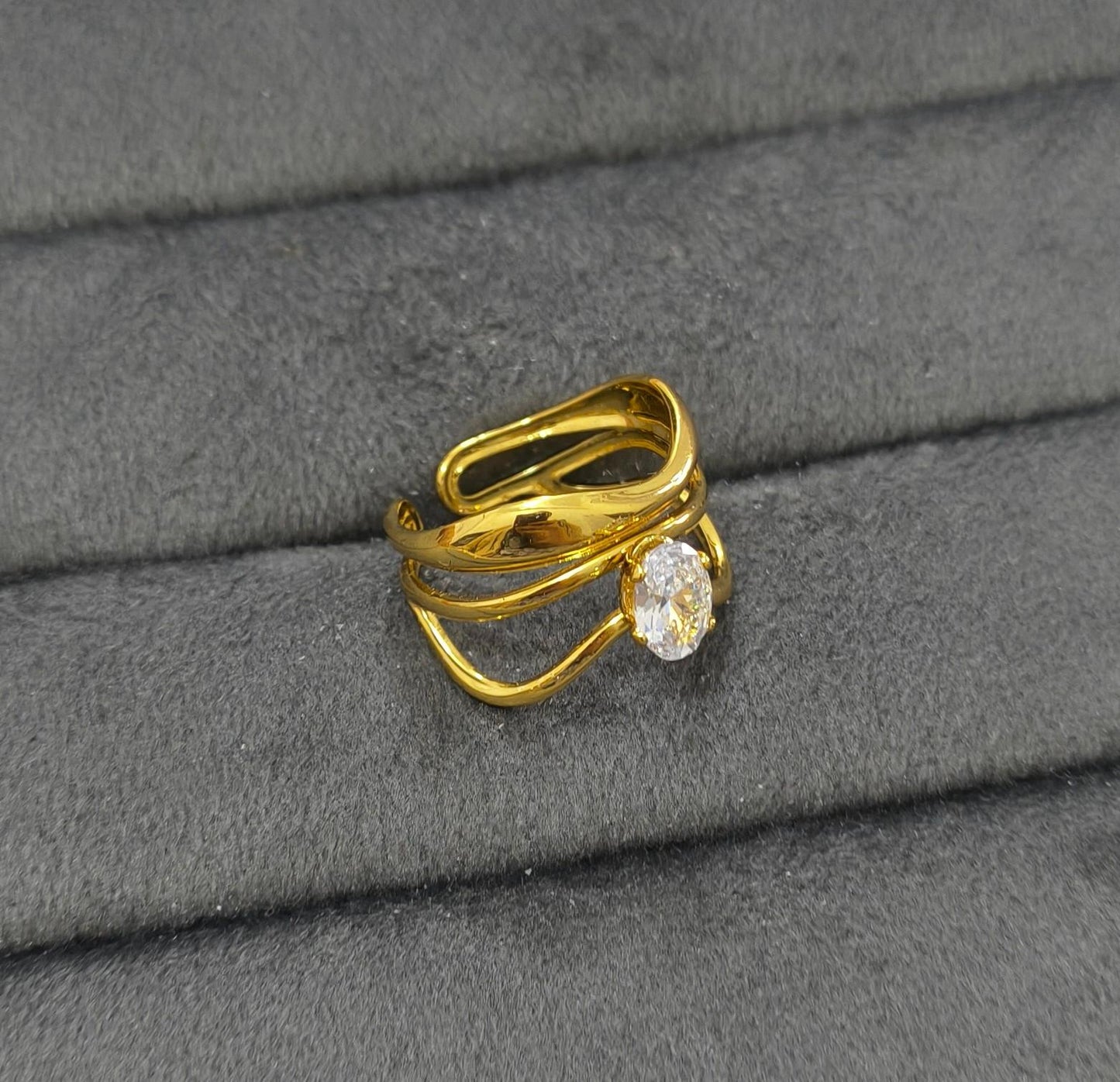 Anti Tarnish Ring Double Wave Solitaire Ring 18K Gold Plated