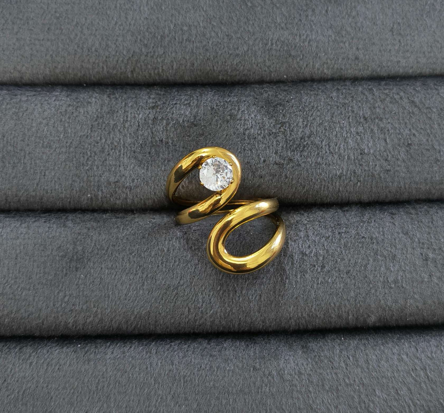Anti Tarnish Ring Tidal Flow Solitaire Ring 18K Gold Plated