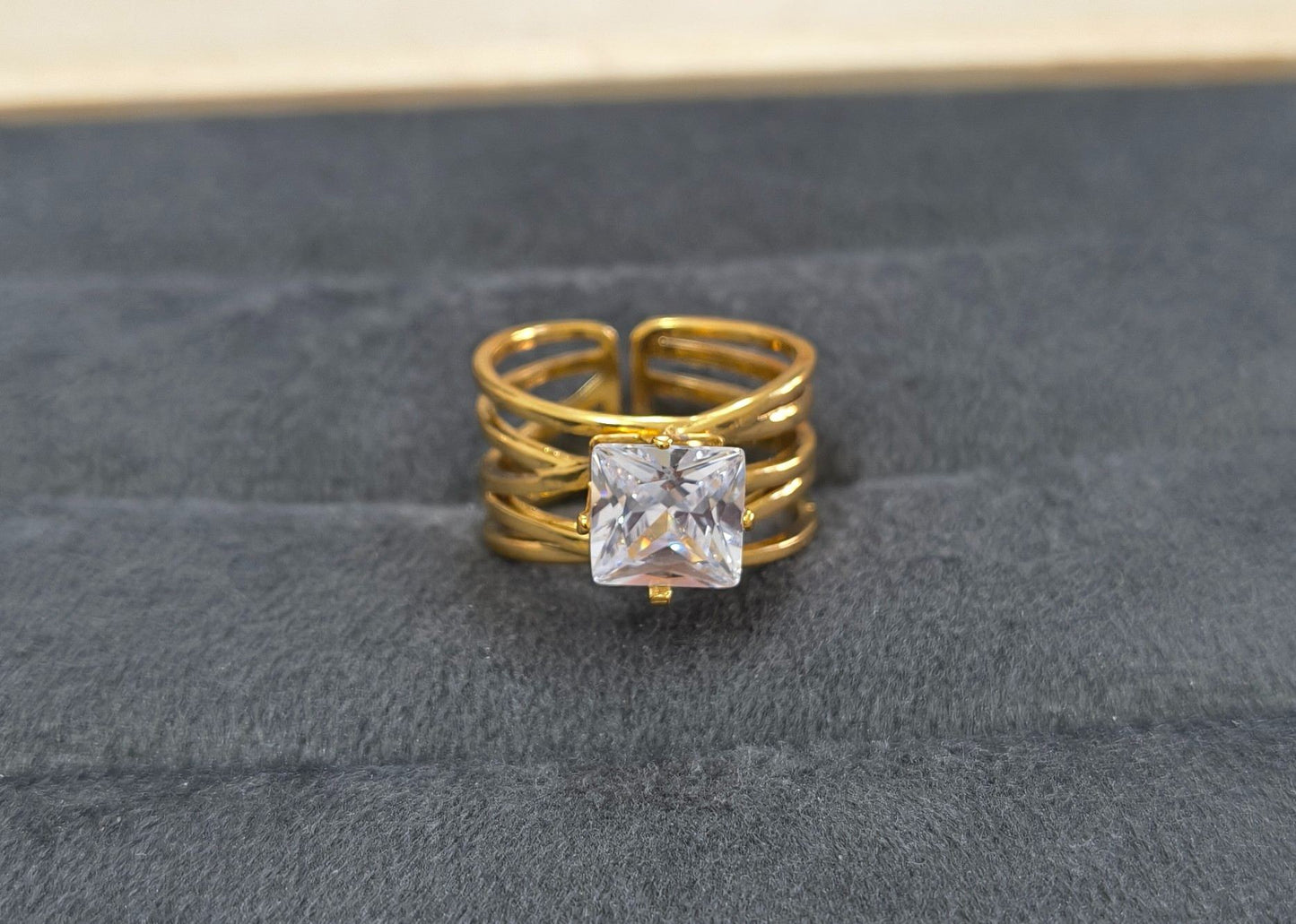 Anti Tarnish Ring Wrap Square Solitaire Ring 18K Gold Plated