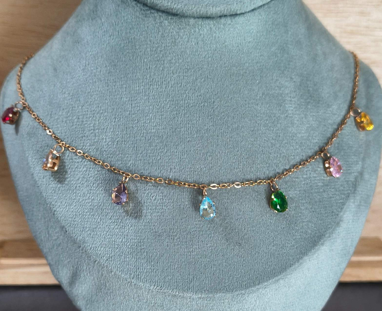 Anti Tarnish Rosegold Multicolor Diamond Drop Necklace