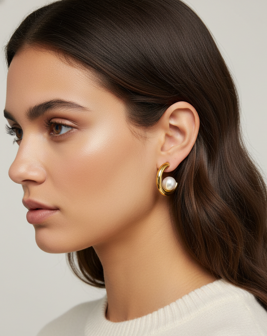 Anti Tarnish Round Shape Shiny Pearl Hoop Earrings 18K Gold Plated