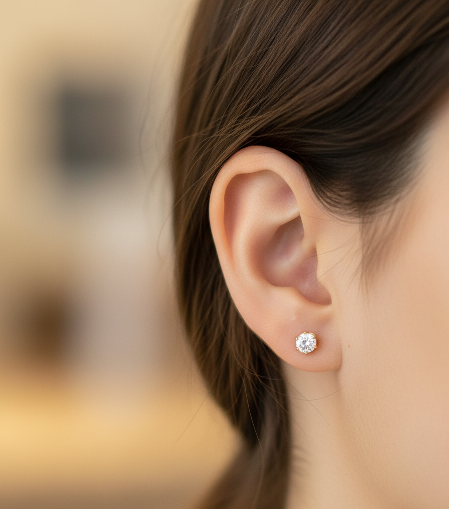 Anti Tarnish Solitaire Stud Earrings 18K Gold Plated