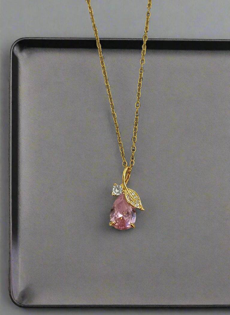 Anti Tarnish Sparkling Pink Crystal Necklace 18K Gold Plated
