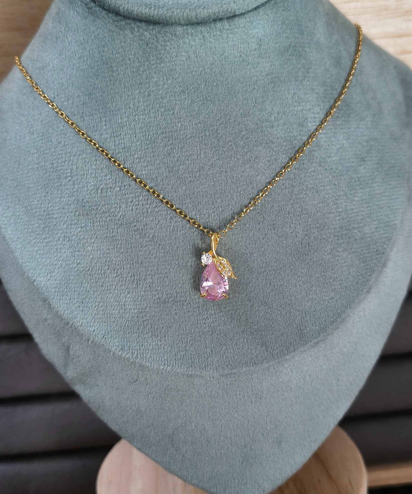 Anti Tarnish Sparkling Pink Crystal Necklace 18K Gold Plated