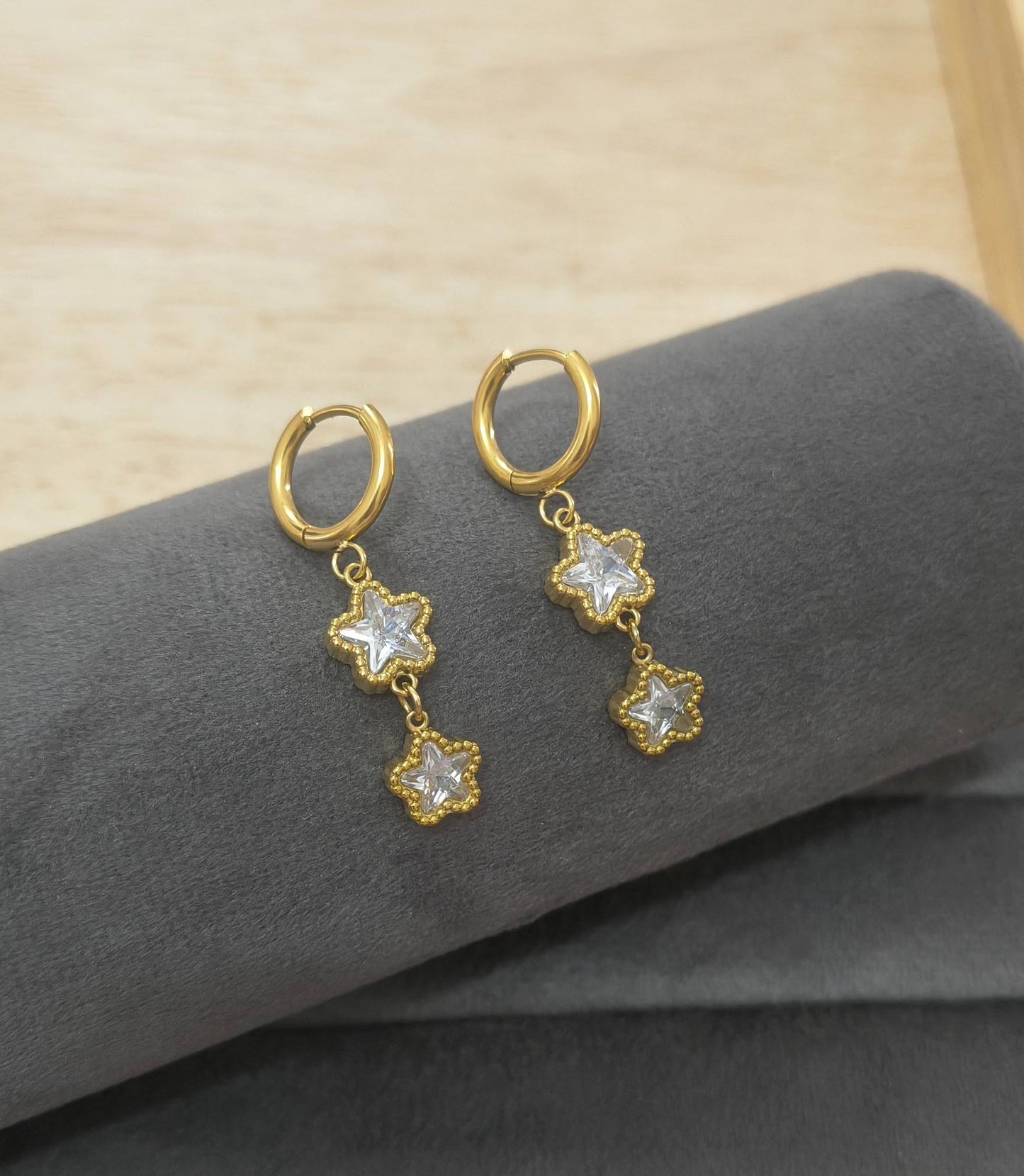 Anti Tarnish Star Drop Hoop Earrings 18K Gold Plated