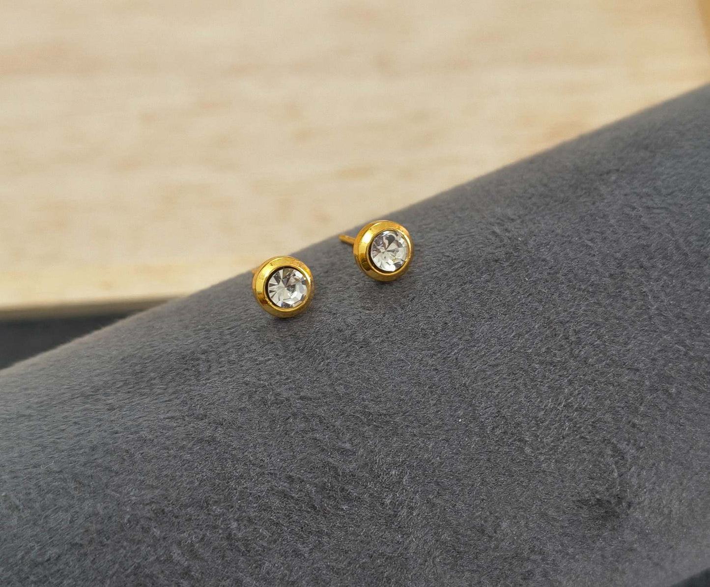 Anti Tarnish Tiny Round Stone Studs 18K Gold Plated