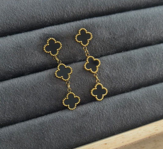 Anti Tarnish Triple Black Clover Gold Earrings 18K Gold Plated