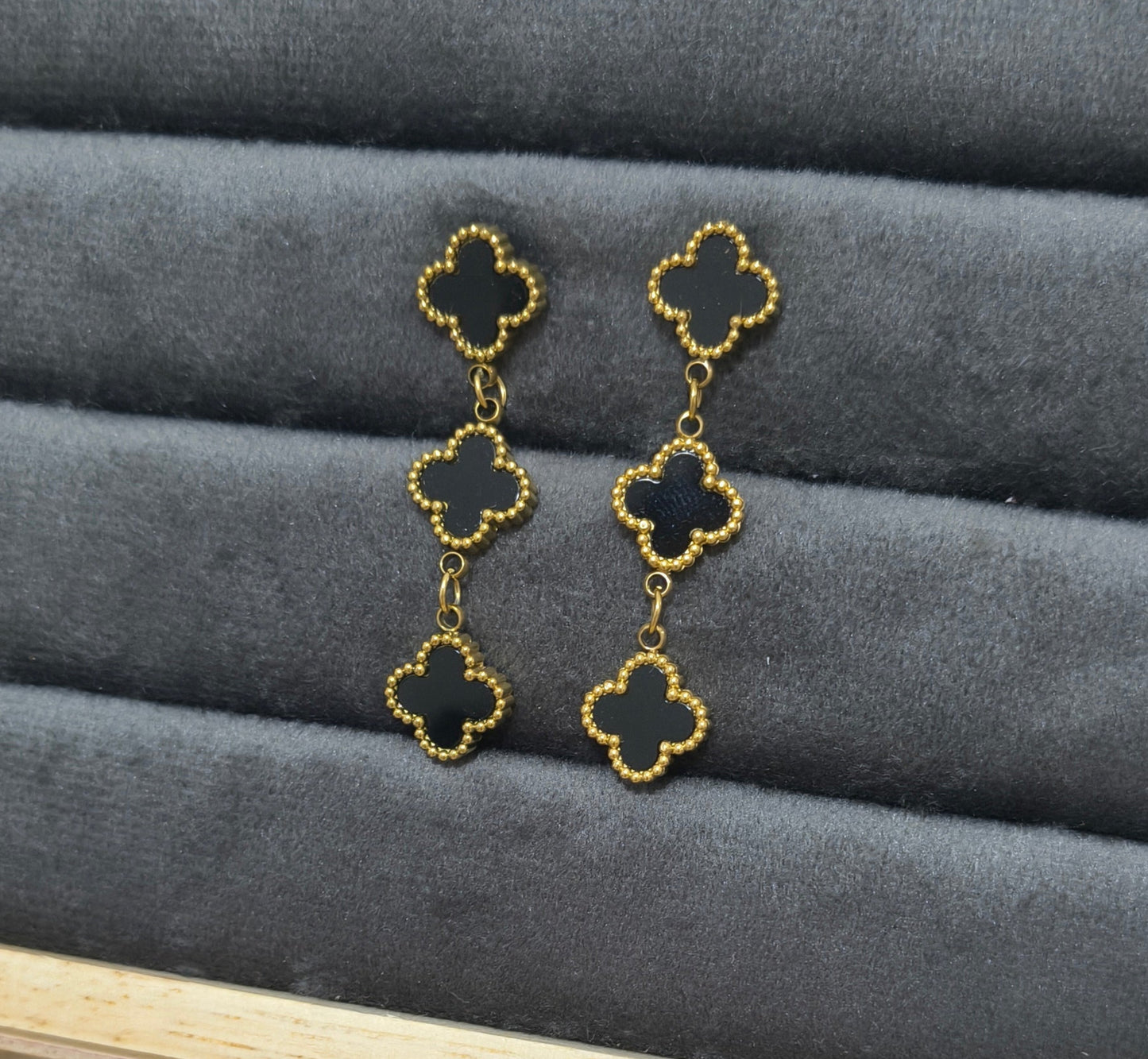 Anti Tarnish Triple Black Clover Gold Earrings 18K Gold Plated