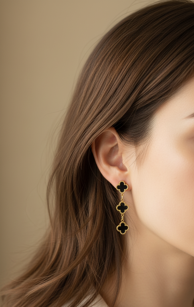 Anti Tarnish Triple Black Clover Gold Earrings 18K Gold Plated