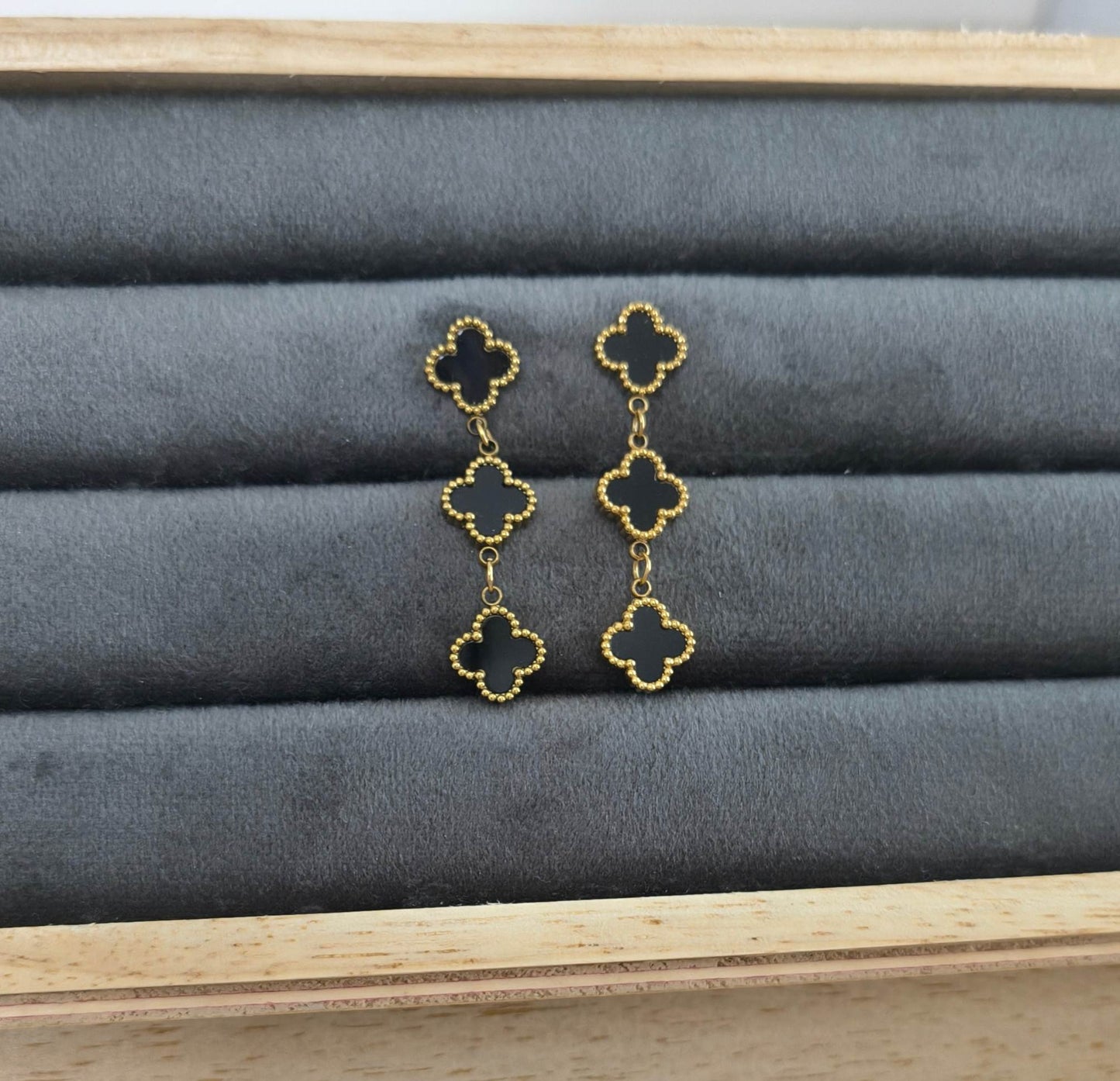 Anti Tarnish Triple Black Clover Gold Earrings 18K Gold Plated