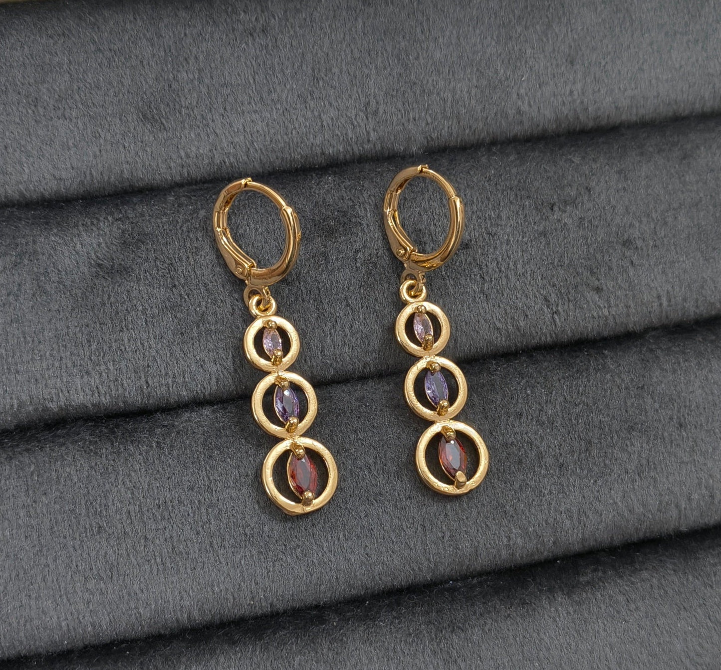 Anti Tarnish Triple Circle Gem Stone Studded Earrings
