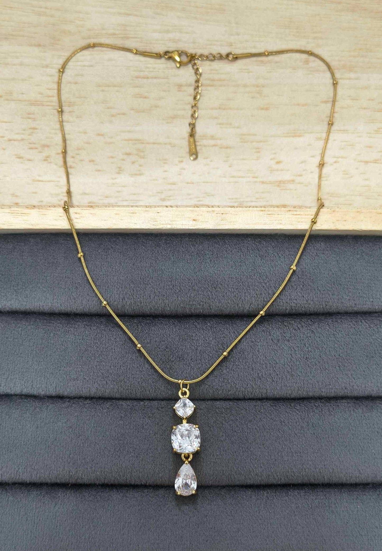 Anti Tarnish Triple Solitaire Drop Necklace 18K Gold Plated