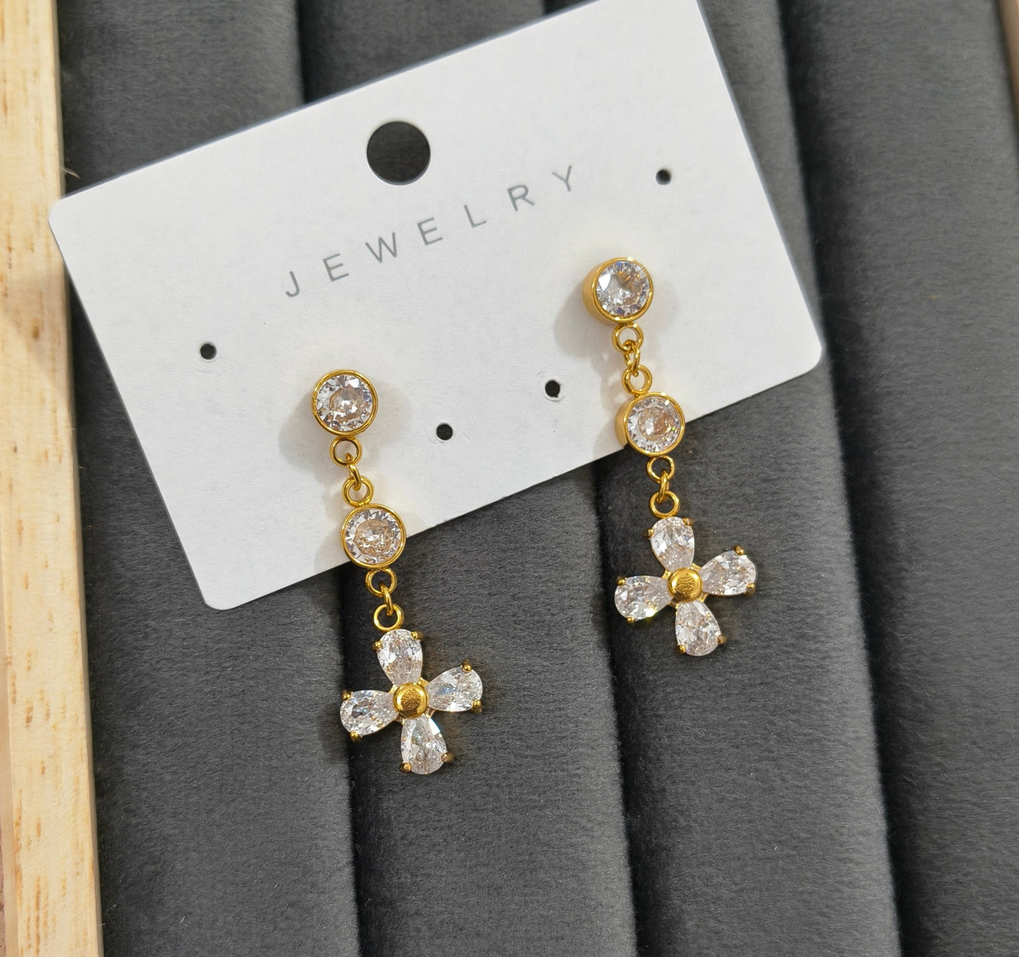 Anti Tarnish White Stone Flower Hanging Earring 18K Gold Plated