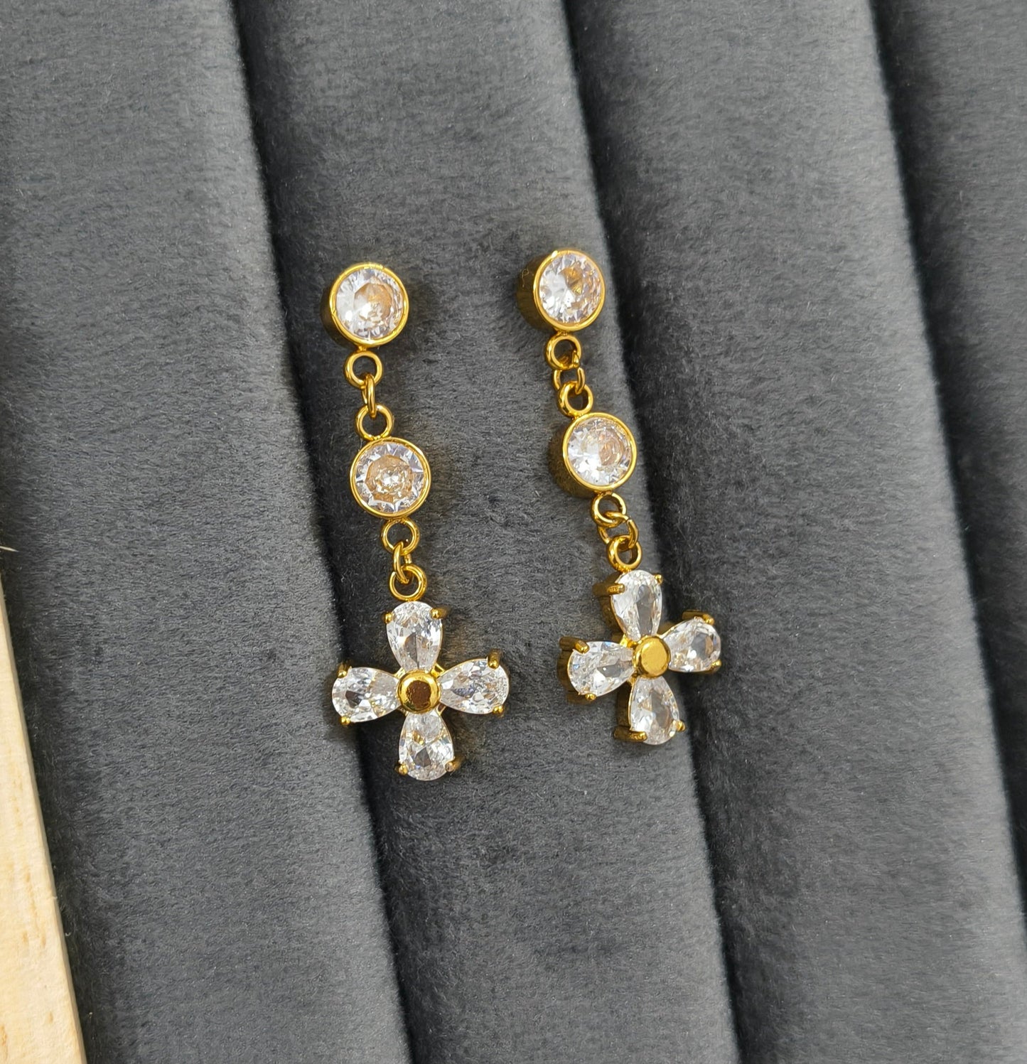 Anti Tarnish White Stone Flower Hanging Earring 18K Gold Plated