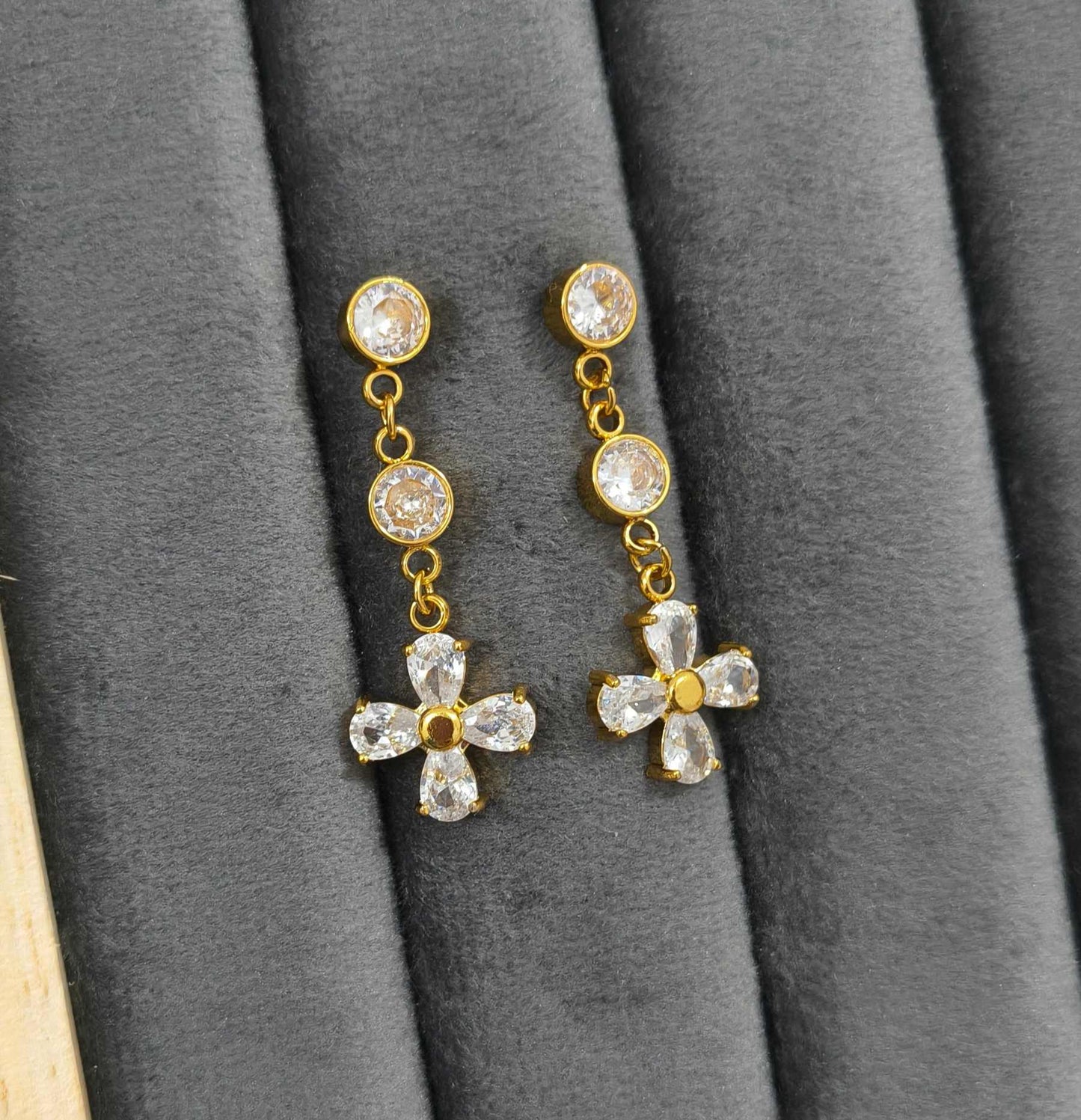 Anti Tarnish White Stone Flower Hanging Earring 18K Gold Plated