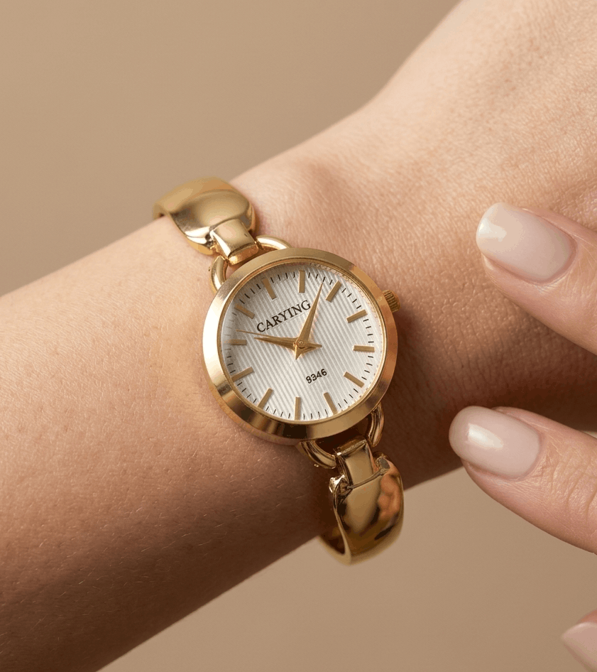 Anti Tarnish Wrist Watch Golden White Dial 18K Gold Plated