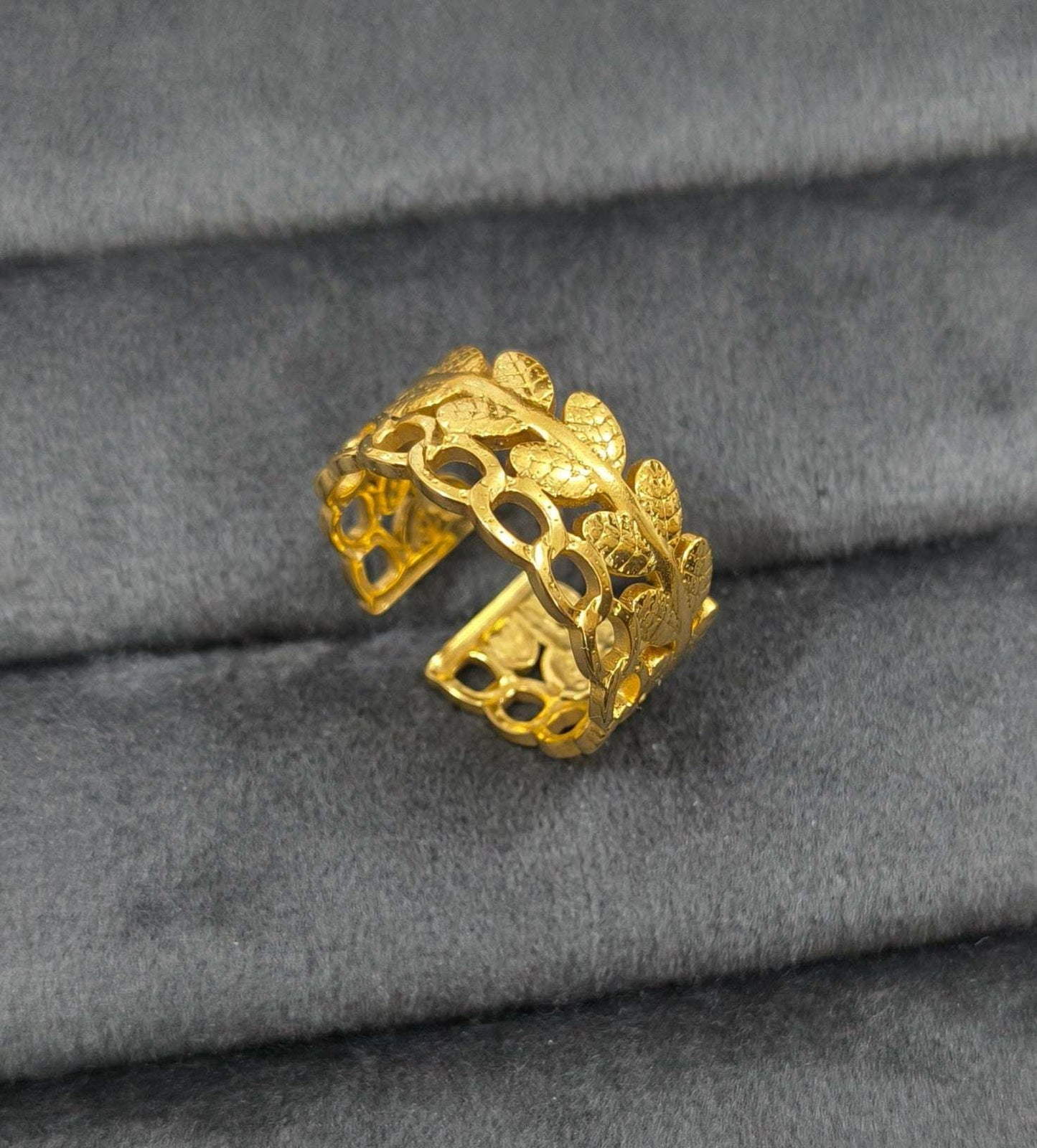 Antitarnish Adjustable Link Leaf Ring 18K Gold Plated