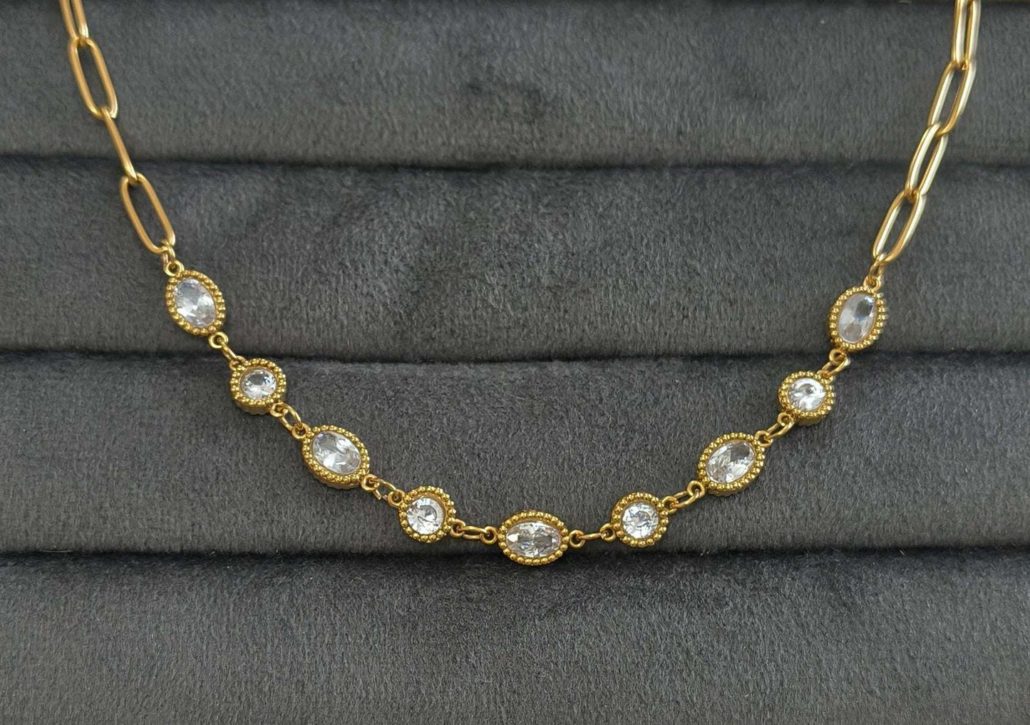 Antitarnish Clear Charms Paperclip Necklace 18K Gold Plated