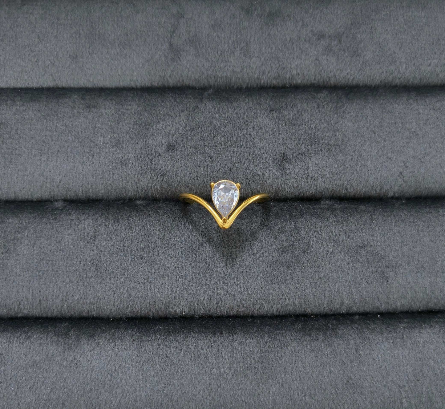 Antitarnish Dainty Pear Solitaire V Cut Ring 18K Gold Plated