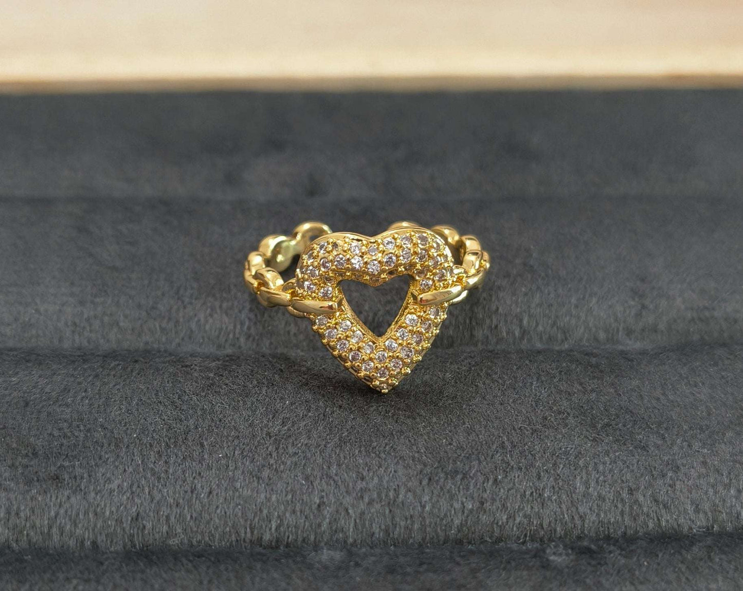 Antitarnish Diamond Studded Heart Ring 18K Gold Plated Adjustable