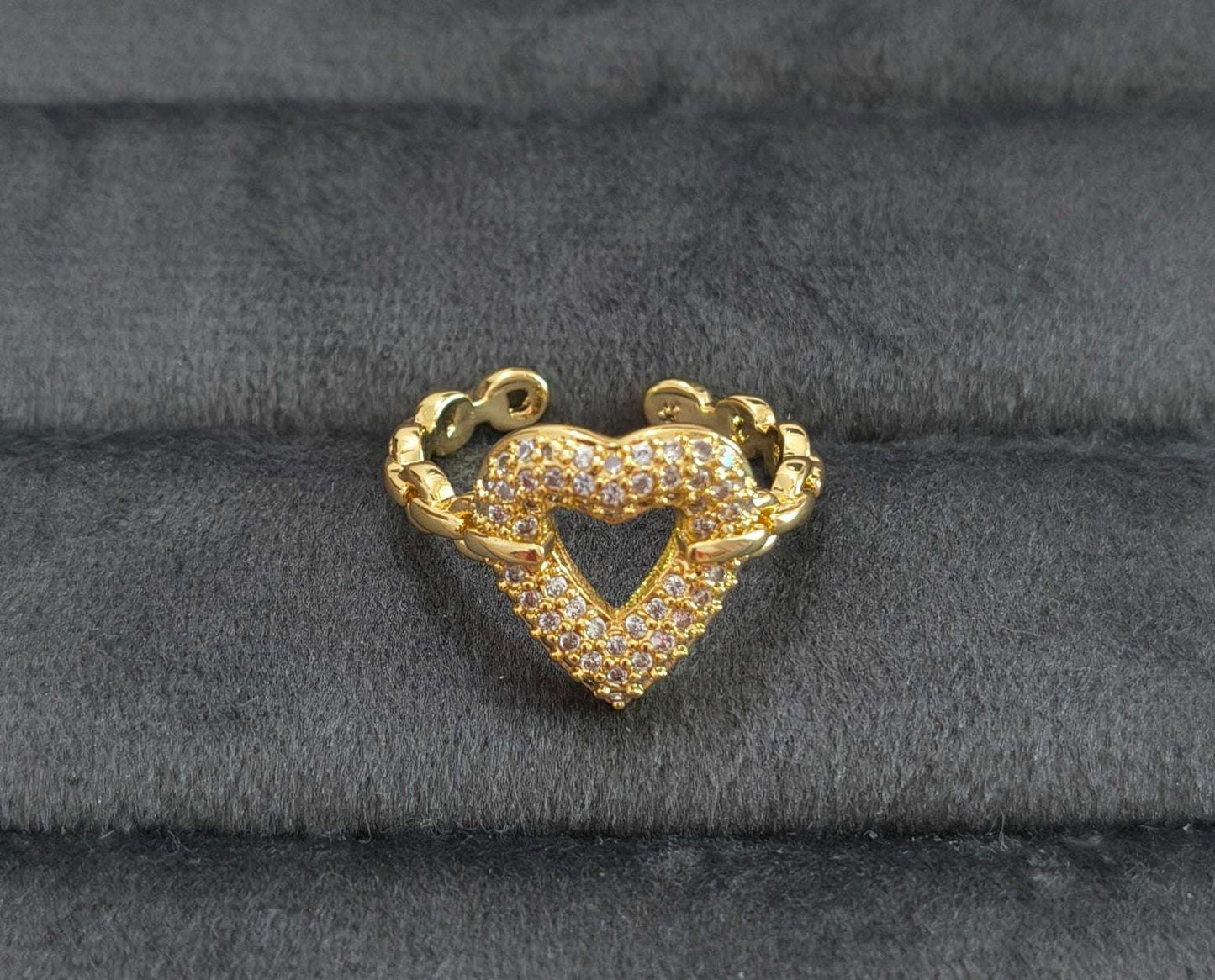 Antitarnish Diamond Studded Heart Ring 18K Gold Plated Adjustable