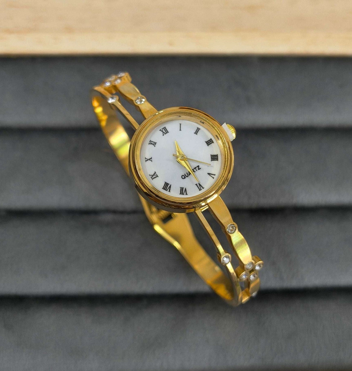 Antitarnish Diamond Studded Openable Bracelet Watch 18K Gold Plated