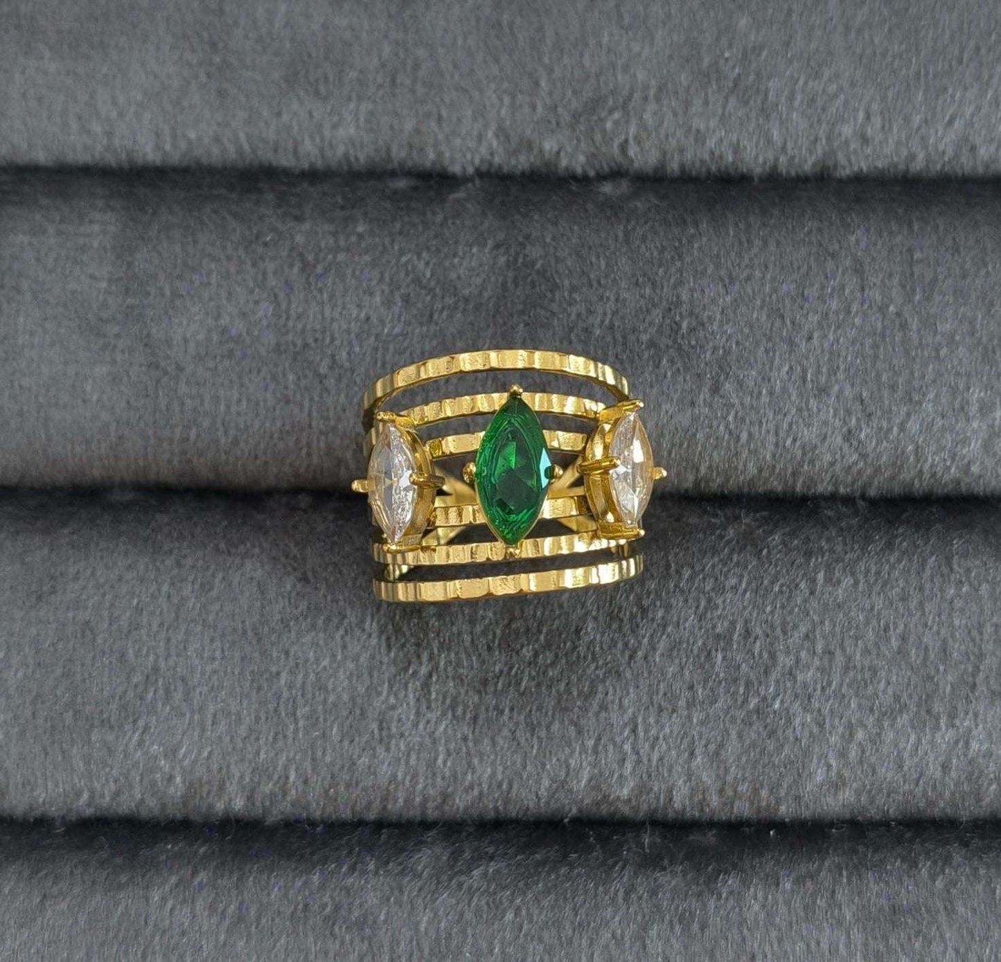 Antitarnish Emerald Diamond Multi Layered Ring 18K Gold Plated